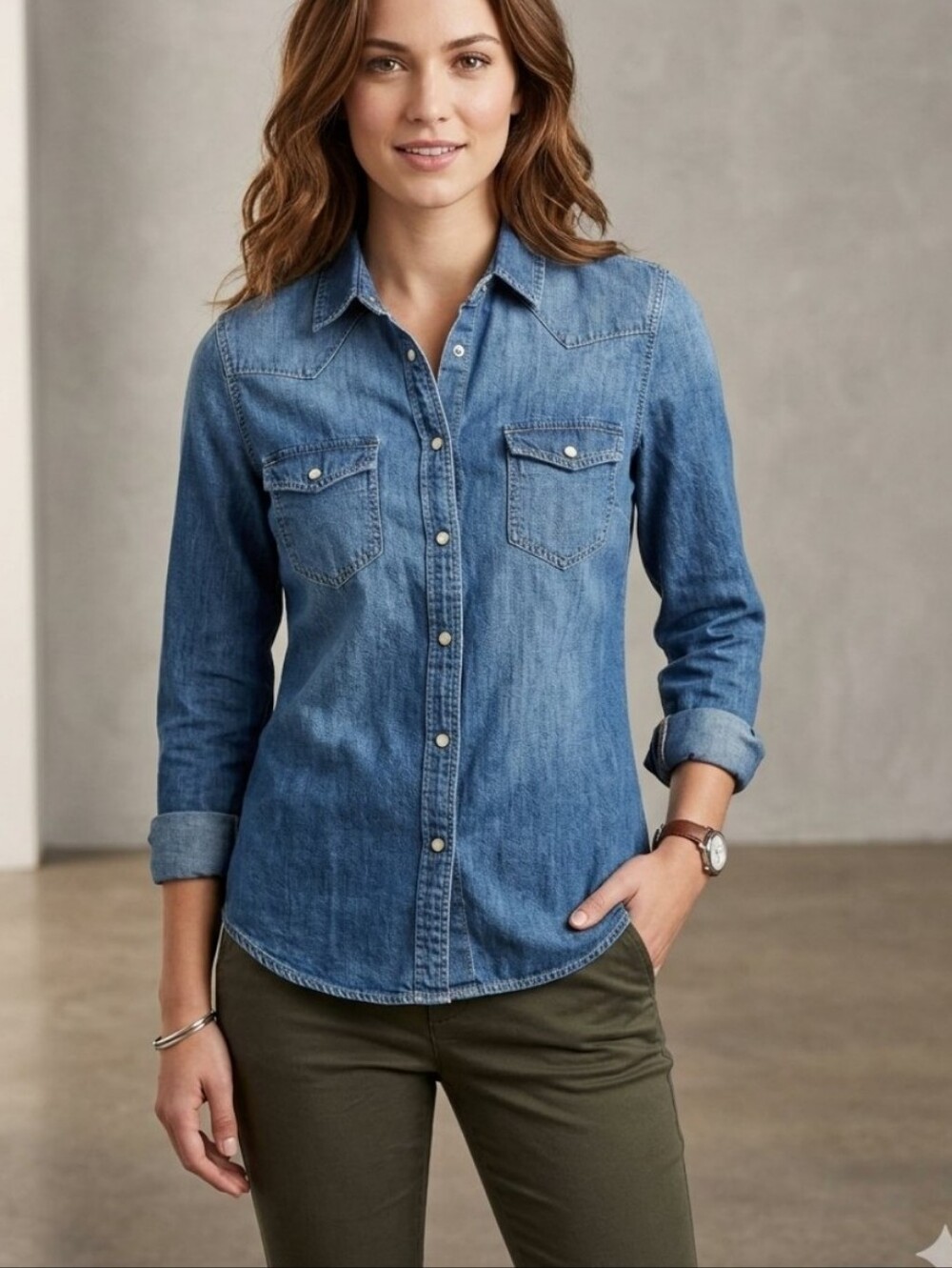 American Eagle Outfitters Vintage Boyfriend Western Denim Snap Front Blouse, S
